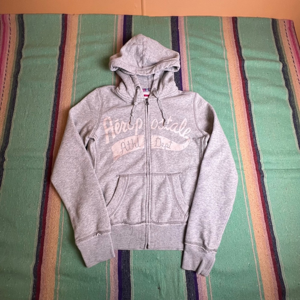 Aeropostale Hoodie Womens Small Gray Zip Up Graphic Athl Dept Y2K Sweatshirt